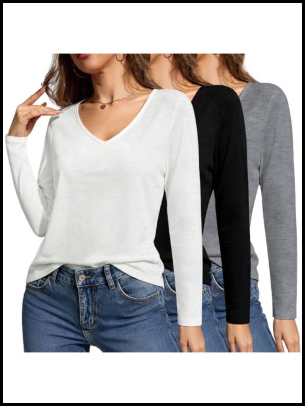 3 Pack Women's Long Sleeve V Neck Slim Fit Basic T Shirt Tee Top